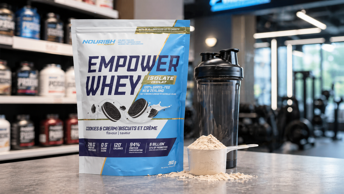 Protein supplements near me showing NWP whey protein isolate pouch with shaker and scoop in a modern gym store setting for recovery and daily use.