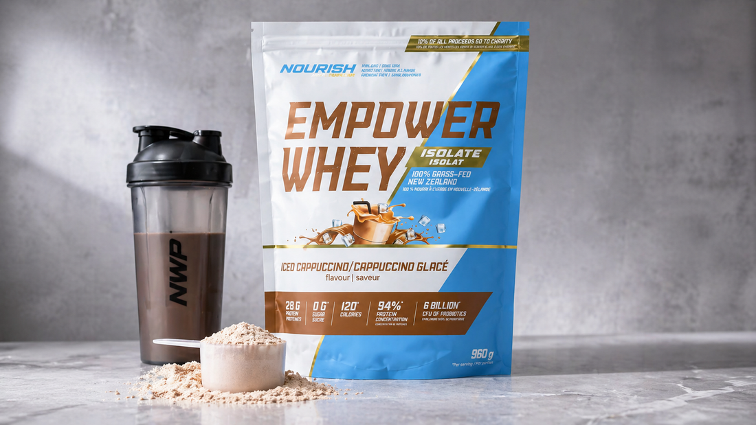 Whey and protein powder by NWP Supplements showing whey isolate pouch, protein scoop, and shaker for muscle recovery, clean nutrition, and daily use.