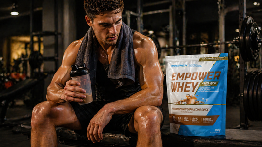 Whey isolate protein powder by NWP Supplements showing protein pouch, scoop, and shaker in gym setting for muscle recovery and clean nutrition.