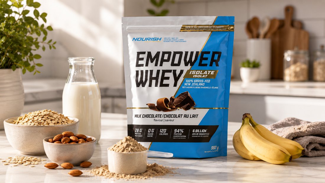 NWP pure protein powder pouch with shaker bottle, oats, almonds, and protein scoop in a premium clean nutrition wellness setup
