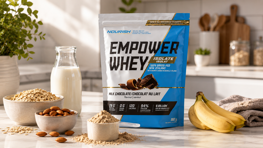 NWP pure protein powder pouch with shaker bottle, oats, almonds, and protein scoop in a premium clean nutrition wellness setup