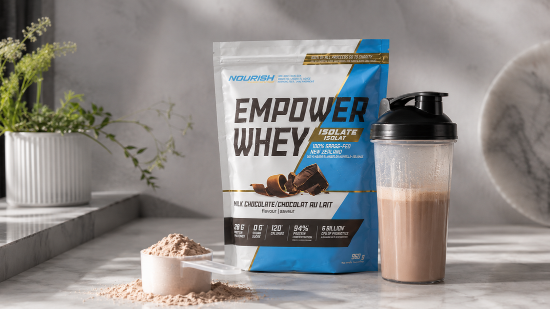 NWP good whey protein isolate pouch with shaker bottle and protein scoop in a premium clean nutrition and recovery setup