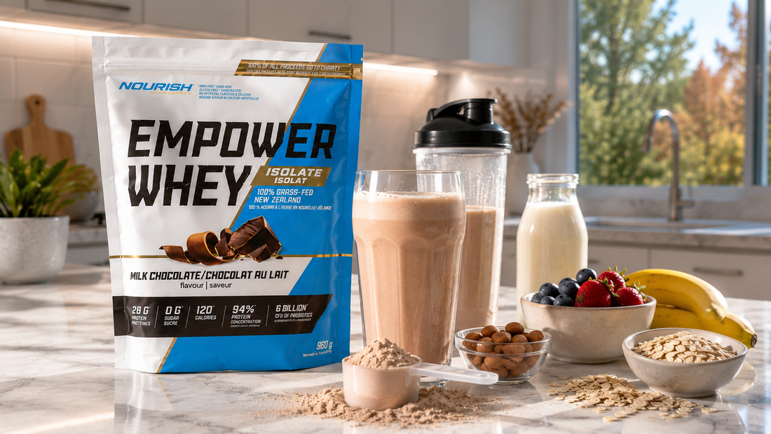 NWP protein shakes Canada setup with whey protein pouch, creamy shake, oats, berries, almonds, and shaker bottle in kitchen