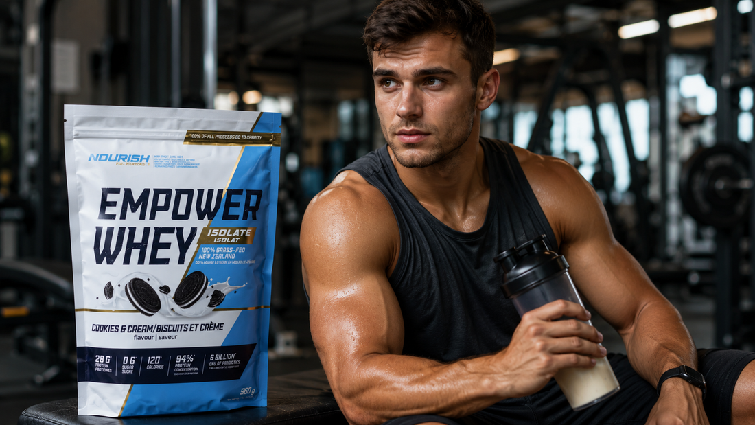 NWP best Canadian protein powder pouch with shaker bottle in gym recovery setup for lean muscle and daily nutrition
