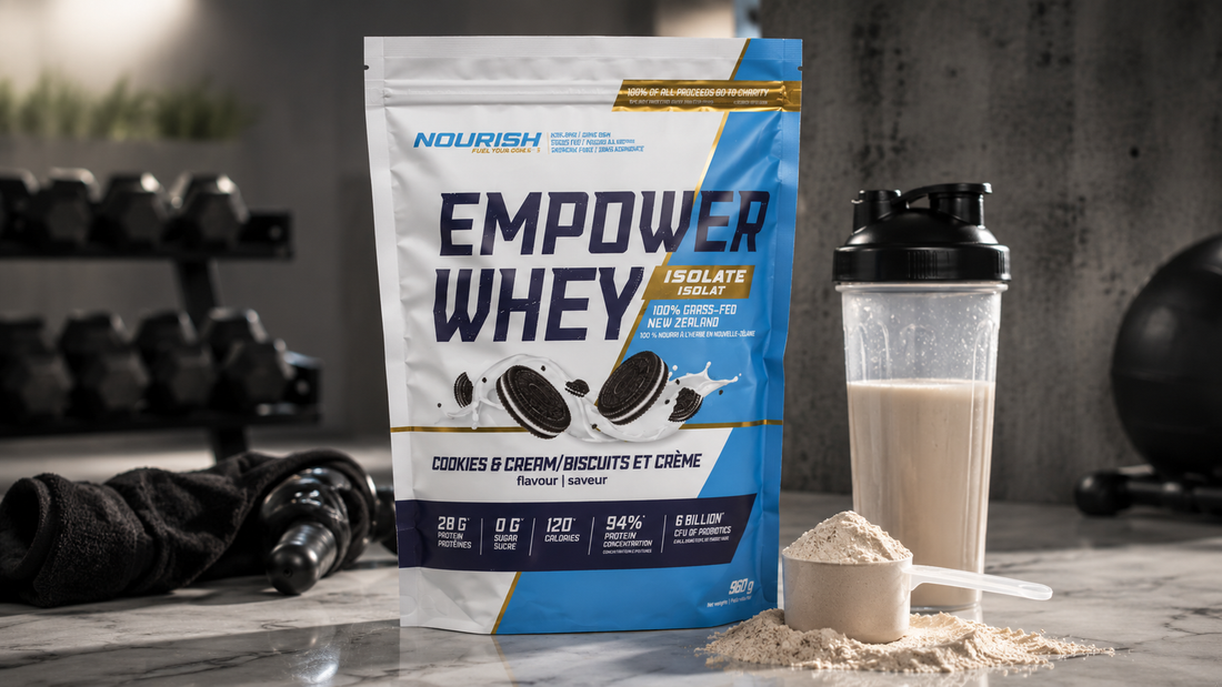NWP low-calorie protein powder pouch with shaker bottle, scoop, and gym equipment in a clean recovery setup