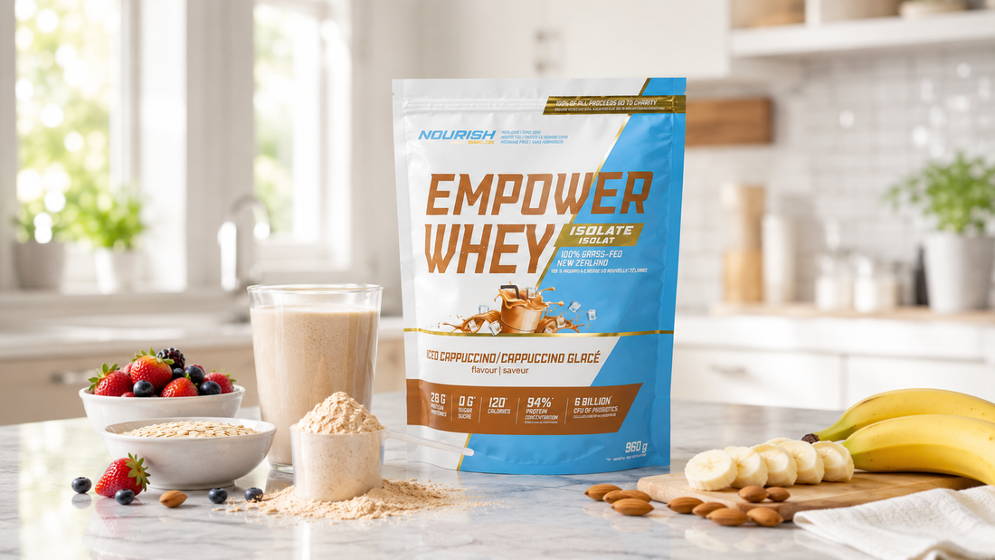 NWP protein powder low in calories with shaker, scoop, berries, oats, almonds, and light protein shake in a clean kitchen setup
