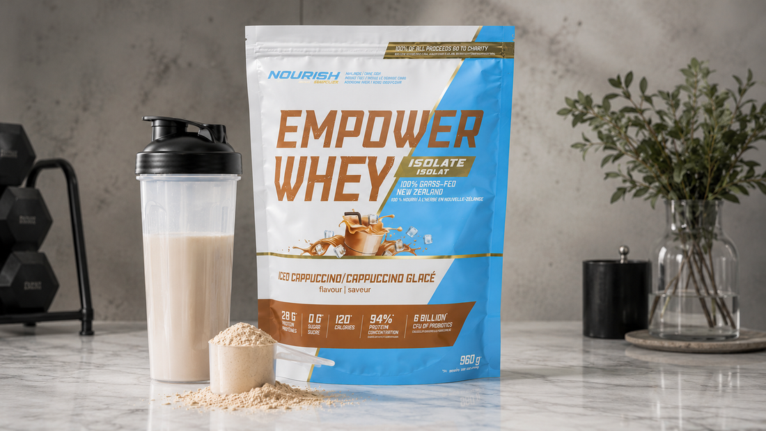 NWP isolate whey protein powder pouch with shaker bottle and scoop on marble surface for clean recovery and lean muscle support