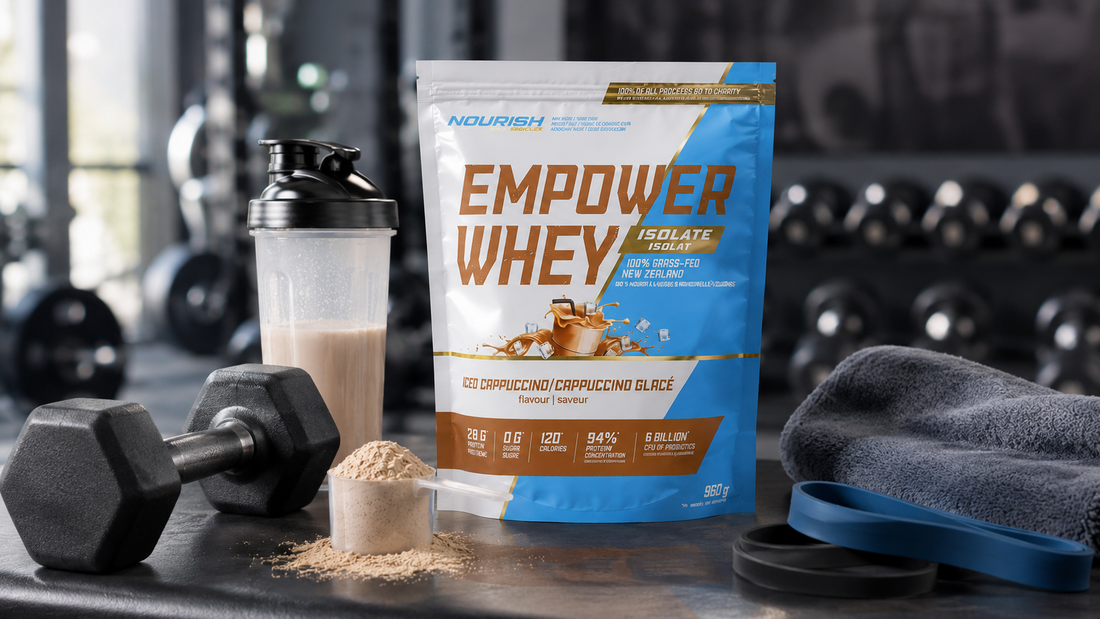 NWP gym supplements for muscle growth with whey protein pouch, shaker bottle, scoop, dumbbell, towel, and resistance bands in gym setup