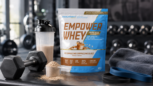 NWP gym supplements for muscle growth with whey protein pouch, shaker bottle, scoop, dumbbell, towel, and resistance bands in gym setup