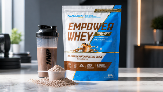 Protein powder sale concept showing NWP whey protein isolate pouch with scoop and shaker highlighting high-quality supplement for muscle recovery and value