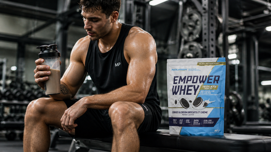 Best whey protein powder by NWP Supplements shown beside shaker bottle in gym setting for muscle recovery, lean muscle growth, and daily nutrition