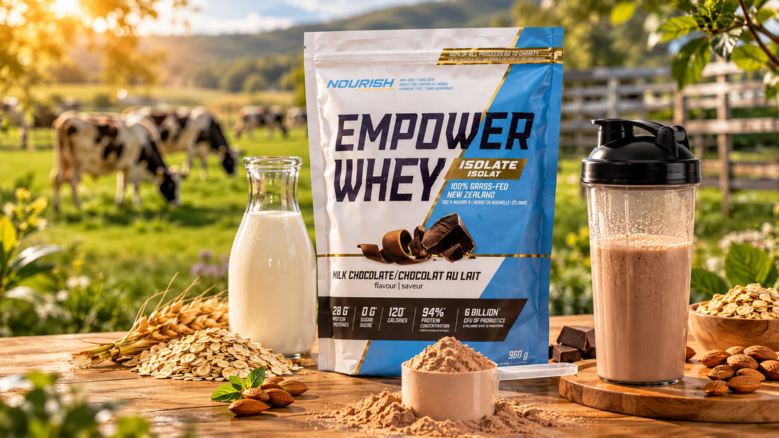 Grass-fed whey protein by NWP Supplements with shaker bottle, oats, milk, and almonds in a premium farm-inspired wellness setting