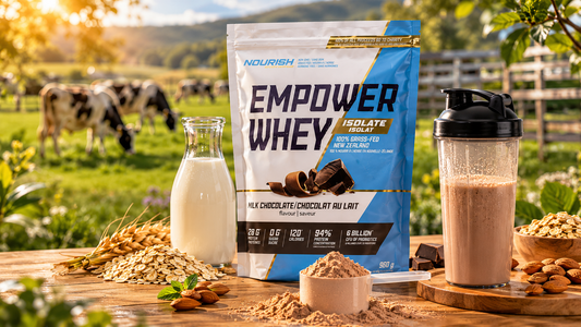 Grass-fed whey protein by NWP Supplements with shaker bottle, oats, milk, and almonds in a premium farm-inspired wellness setting