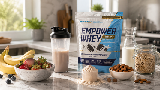 Healthiest protein supplements by NWP Supplements with shaker bottle, oats, almonds, and clean ingredients in a modern kitchen setting