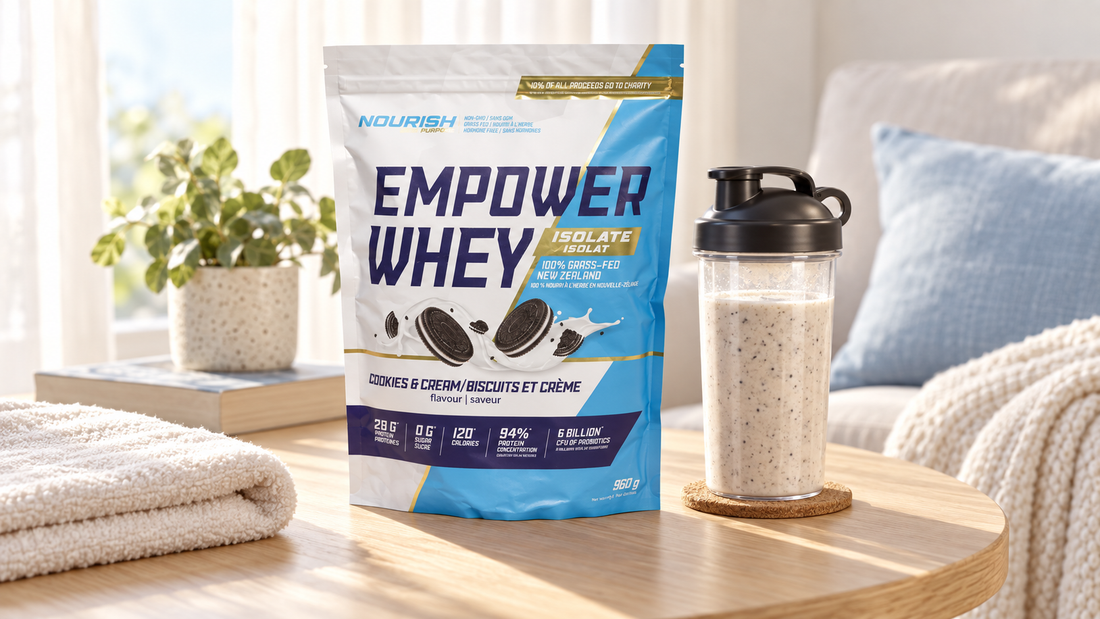 NWP Empower Whey Isolate Cookies and Cream protein powder beside a prepared protein shake in a calm rest-day setting.