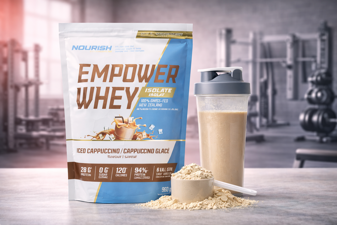 Best whey protein powder in Canada 2026 – NWP Empower Whey Isolate grass-fed New Zealand whey protein powder with shaker and protein scoop.