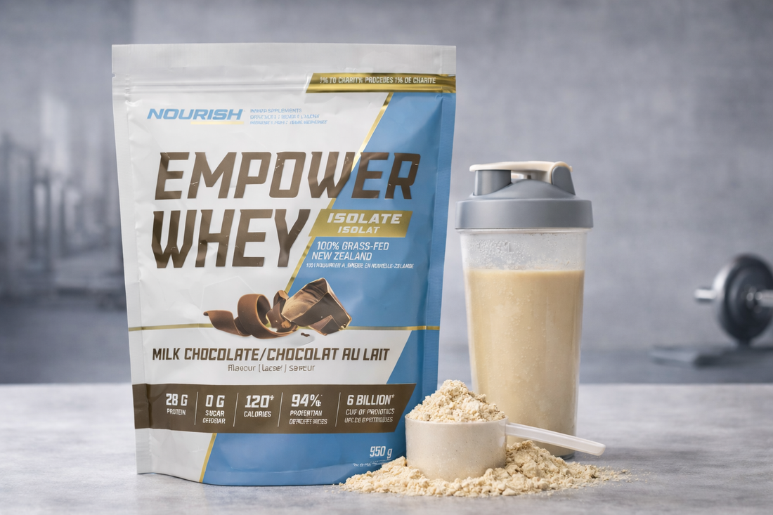 Chocolate protein shake recipe made with whey protein powder, banana, oats, and milk for post workout recovery and daily protein intake.