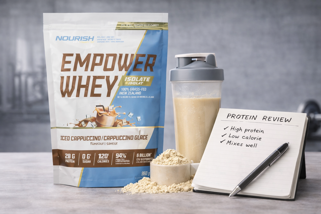 Best low calorie protein powder review showing whey protein isolate, protein scoop, shaker bottle, and supplement review notes for weight loss and lean muscle.