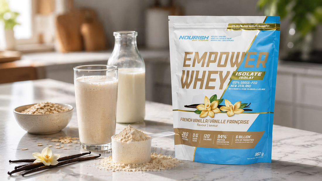 Vanilla protein powder by NWP Supplements showing whey isolate pouch, protein scoop, and shake for smooth taste, easy digestion, and daily nutrition use.
