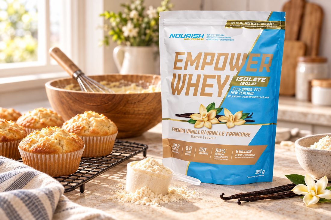 NWP French Vanilla Empower Whey Isolate beside freshly baked muffins and a mixing bowl.