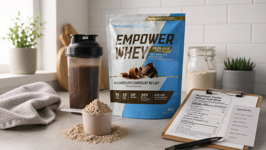NWP Empower Whey Isolate with protein scoop and shaker for a Canadian whey protein isolate buying guide
