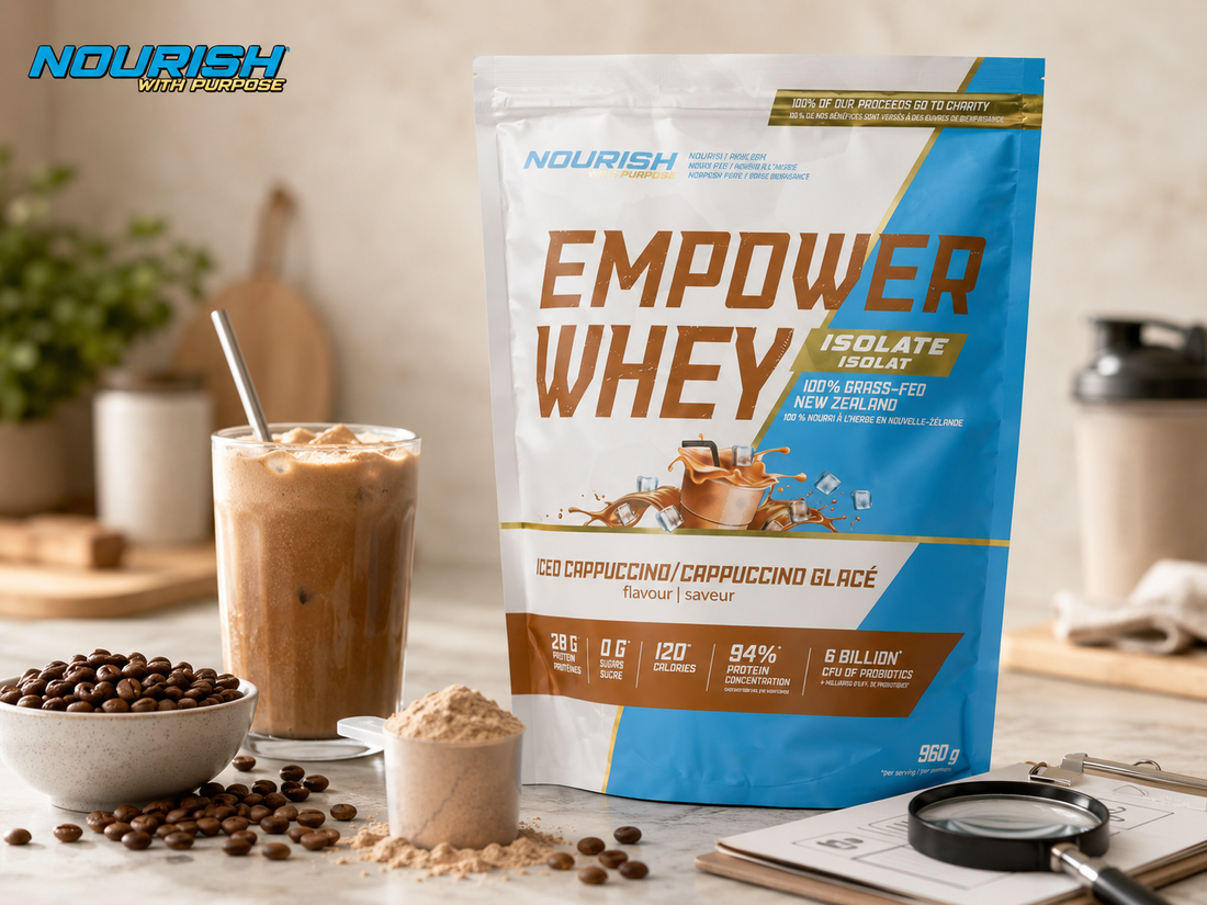 NWP Empower Whey Isolate Iced Cappuccino coffee protein powder with coffee beans, protein scoop and iced coffee shake.