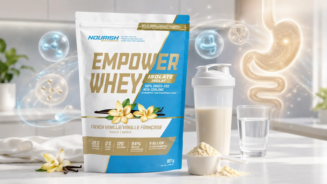 NWP Empower Whey Isolate French Vanilla easy to digest protein powder with shaker, scoop, and digestion-support visual concept showing whey isolate digestion and reduced protein powder stomach discomfort.