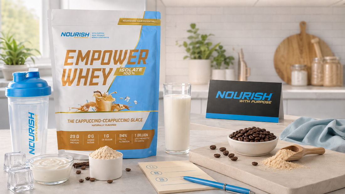 NWP Empower Whey Isolate with coffee beans, milk, protein powder and shaker bottle for a gluten-free vs dairy-free protein comparison.
