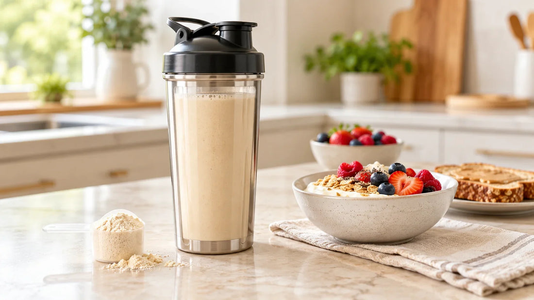 Protein shake beside a balanced breakfast with yogurt, berries, oats and toast