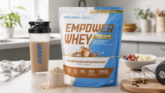 NWP Empower Whey Isolate pouch with shaker bottle, scoop, and fitness props, representing a low-calorie high-protein whey isolate option