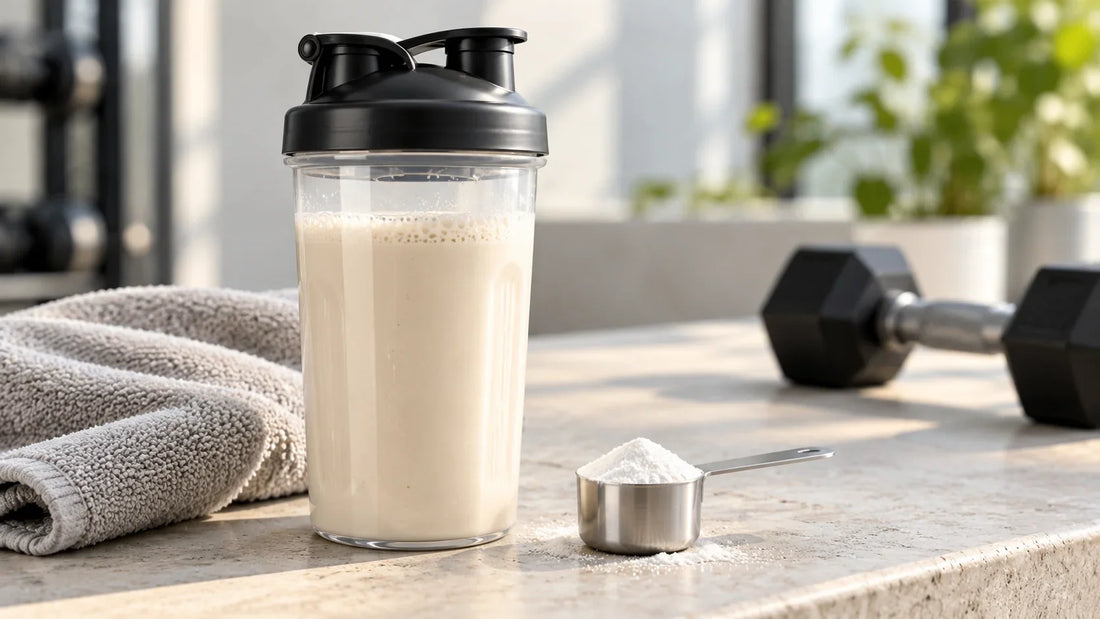 Protein shake with a measured scoop of creatine beside a gym towel and dumbbell