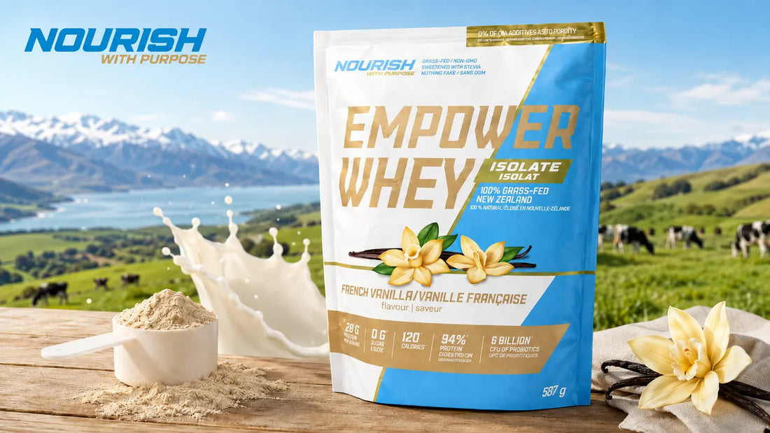 Empower Whey Isolate by Nourish With Purpose displayed in a scenic New Zealand-style pasture setting, illustrating a blog about what makes New Zealand whey protein different in Canada.