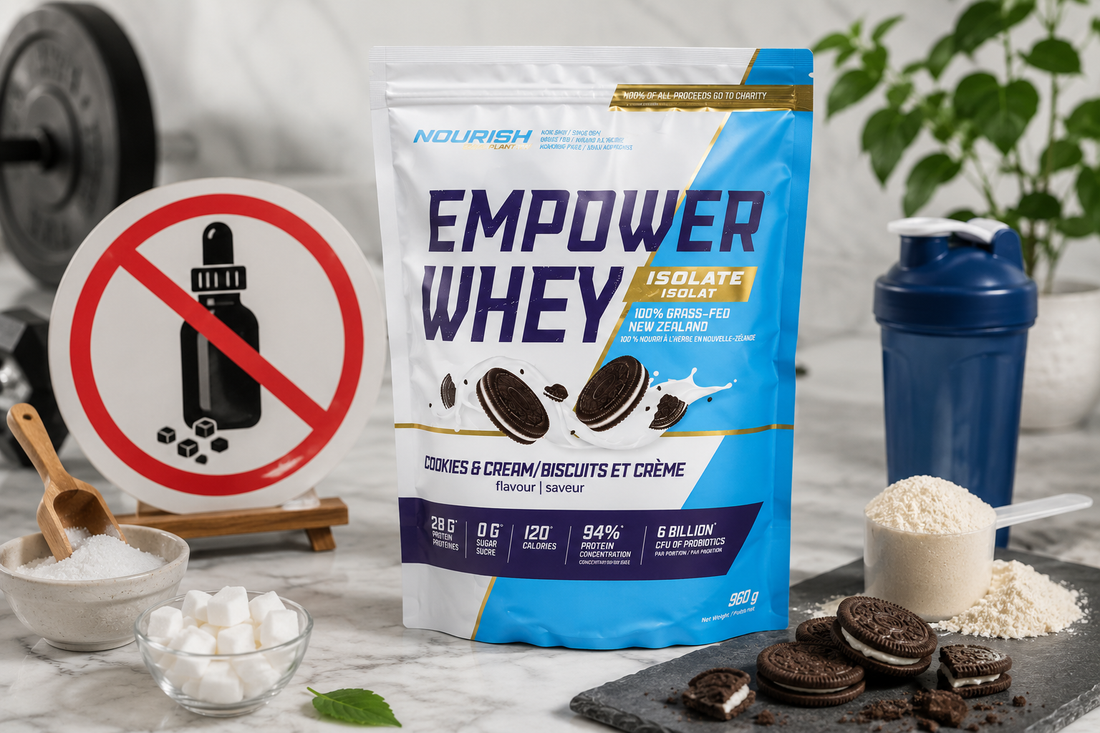 Empower Whey Isolate protein powder with natural stevia leaves and sugar cubes arranged to illustrate a no artificial sweeteners theme, highlighting New Zealand grass-fed whey isolate in a clean, modern kitchen setting.