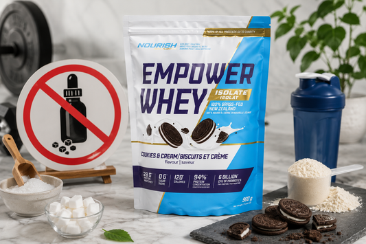 Empower Whey Isolate protein powder with natural stevia leaves and sugar cubes arranged to illustrate a no artificial sweeteners theme, highlighting New Zealand grass-fed whey isolate in a clean, modern kitchen setting.