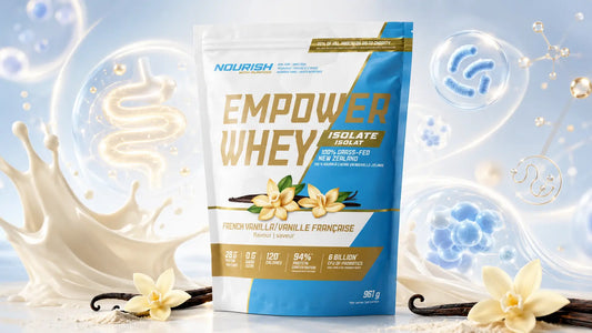 NWP Empower Whey Isolate product image with probiotic-style bubbles, digestive wellness visuals, vanilla pods, and milk splash, representing whey protein with probiotics and enzyme support.