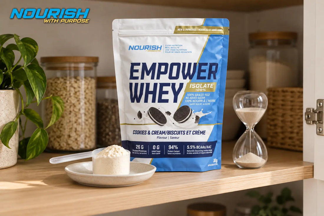 Sealed protein powder pouch with a dry scoop and hourglass on a cupboard shelf, with the NWP logo.