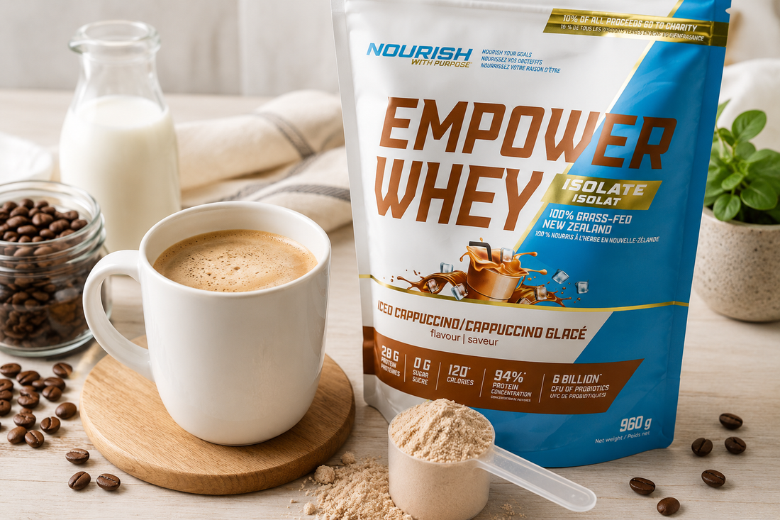 NWP Empower Whey Isolate Iced Cappuccino beside a hot coffee, protein scoop, milk and coffee beans.