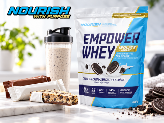 NWP Empower Whey Isolate Cookies and Cream protein powder beside protein bars and a protein shake, comparing convenient protein options.