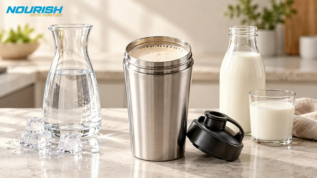 Nourish protein shake with water and milk on a bright kitchen counter
