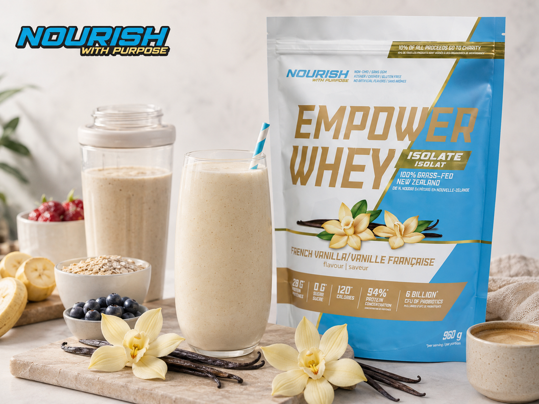 NWP Empower French Vanilla whey isolate with vanilla beans, smoothie, oats, berries and coffee