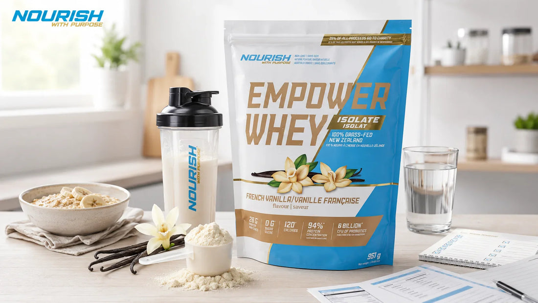 NWP Empower French Vanilla Whey Isolate on a clean kitchen counter with shaker bottle, vanilla beans, protein scoop, oats, water, and label checklist for choosing a clean vanilla protein powder.