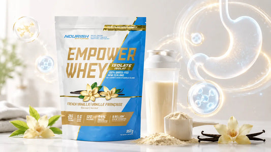 NWP Empower Whey Isolate French Vanilla protein powder with digestive enzyme support, whey scoop, shaker bottle, vanilla accents, and clean digestion wellness concept